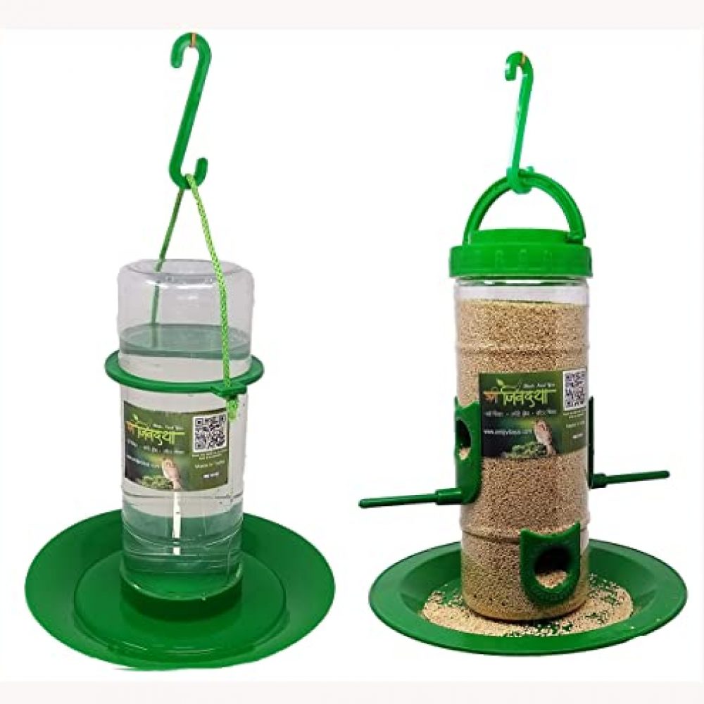 Amijivdaya Medium Bird and Water Feeder Combo (Green, Transparent)