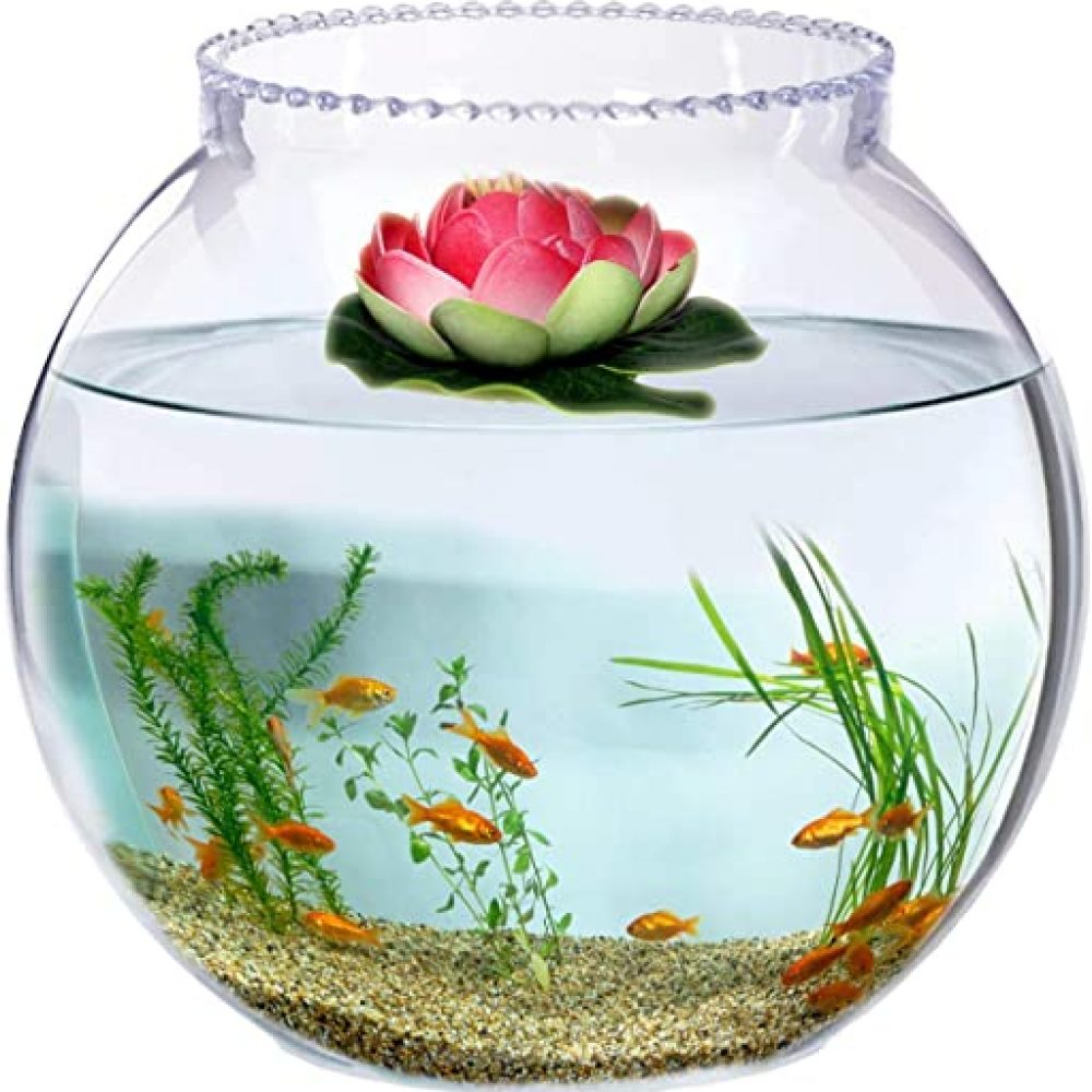 Jainsons Pet Products Round Transparent Crystal Glass Zig Zag Neck Bowl Clear Sphere Vase Fish Tank Water Jar with Lotus