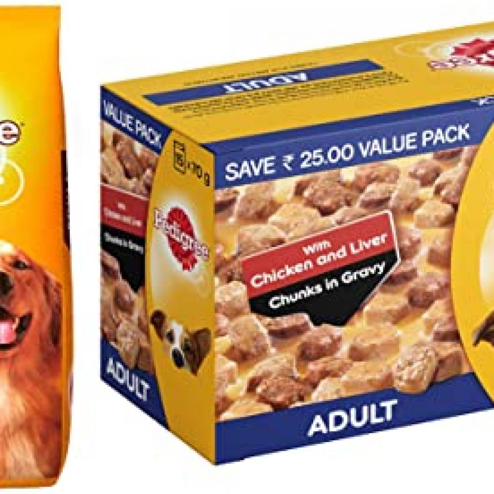 Pedigree Adult Dry Dog Food, Meat & Rice, 10kg Pack & Pedigree Adult Wet Dog Food, Chicken & Liver Chunks in Gravy, 70 g (Pack of 15)