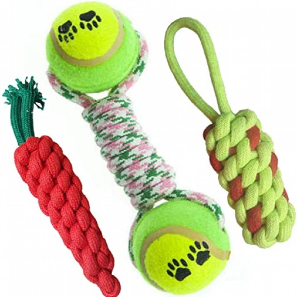 Pet Needs Combo of 3 Durable Pet Teeth Cleaning Chewing Biting Knotted Small Puppy Toys -100% Natural & Safe Cotton (Color May Vary)