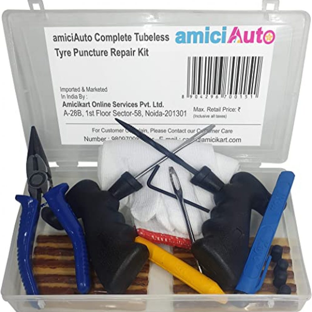 amiciKart Complete Tubeless Tyre Puncture Repair Kit with Box (Nose Pliers, Cutter and Strips)