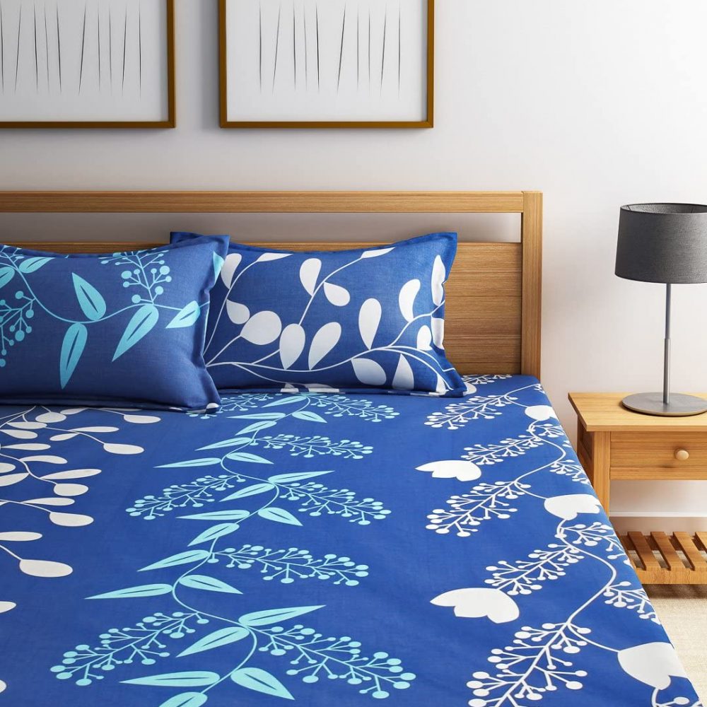 Home Ecstasy 100% Cotton Double bedsheets with 2 Pillow Covers Cotton, 140tc Floral Blue bedsheets for Double Bed Cotton (7.3ft x 7.7ft)