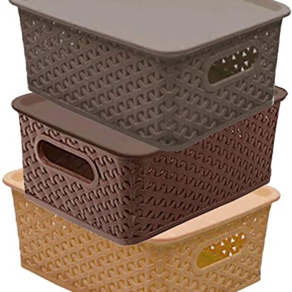 Kuber Industries Plastic 3 Pieces Small Size Multipurpose Solitaire Storage Basket with Lid (Multi)(Size:25x19x10.5cm)-CTLTC010898