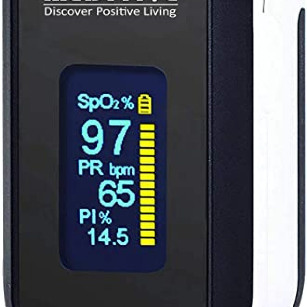 MEDITIVE Fingertip Pulse Oximeter, Dual Color OLED Display Blood Oxygen Monitor with Alarm Feature with Perfusion Index – PI Index and Respiratory Rate (Black Color)