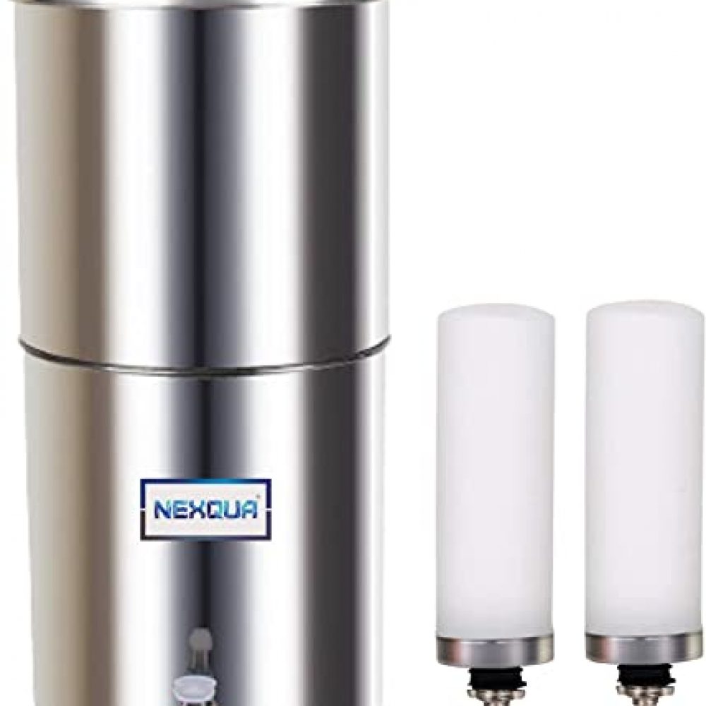 NEXQUA Dew Stainlness Steel Non-electric Gravity Water Filter and Purifier With 18 Litre (9+9 Litre Combined) Storage, Includes 2 Ceramic Cartridges and Plastic Tap (Steel Gravity)