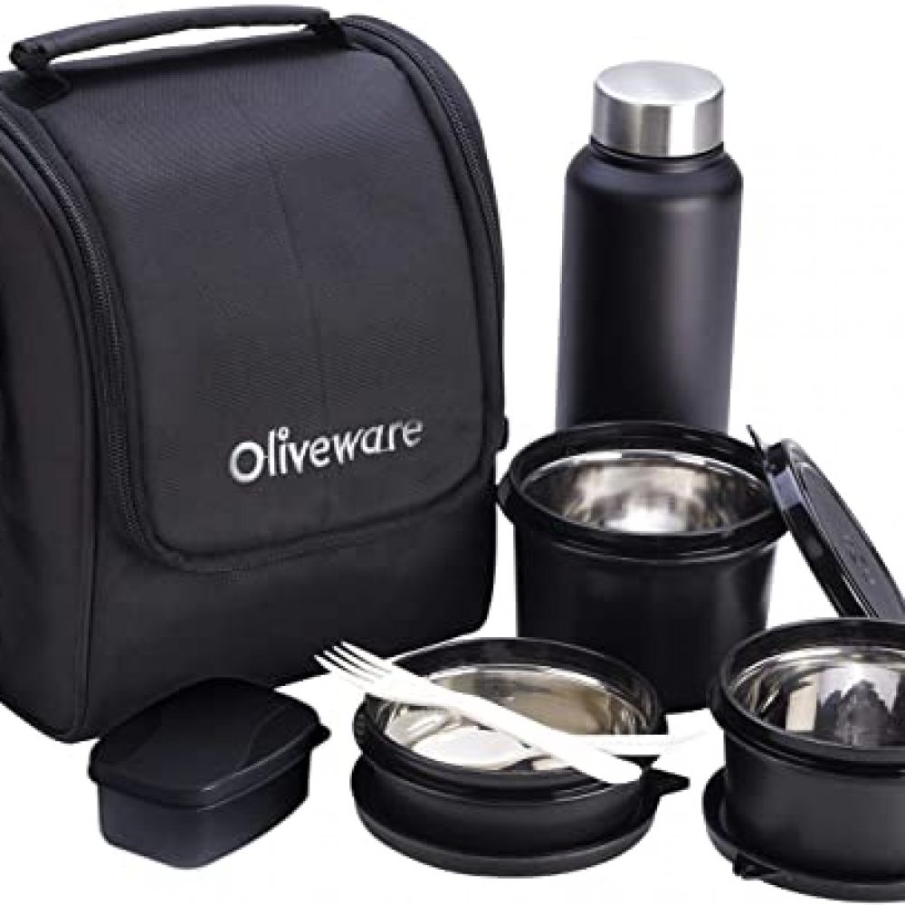 Oliveware Teso Lunch Box with Bottle – Black | 3 Stainless Steel Containers and Pickle Box and Assorted Steel Bottle | Insulated Fabric Bag | Leak Proof Microwave Safe | Full Meal and Easy to Carry