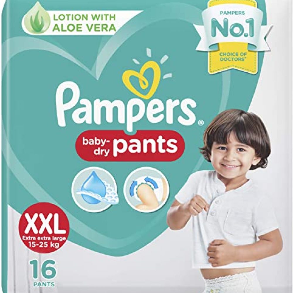 Pampers All round Protection Pants, Double Extra Large size baby diapers (XXL), 16 Count, Anti Rash diapers, Lotion with Aloe Vera