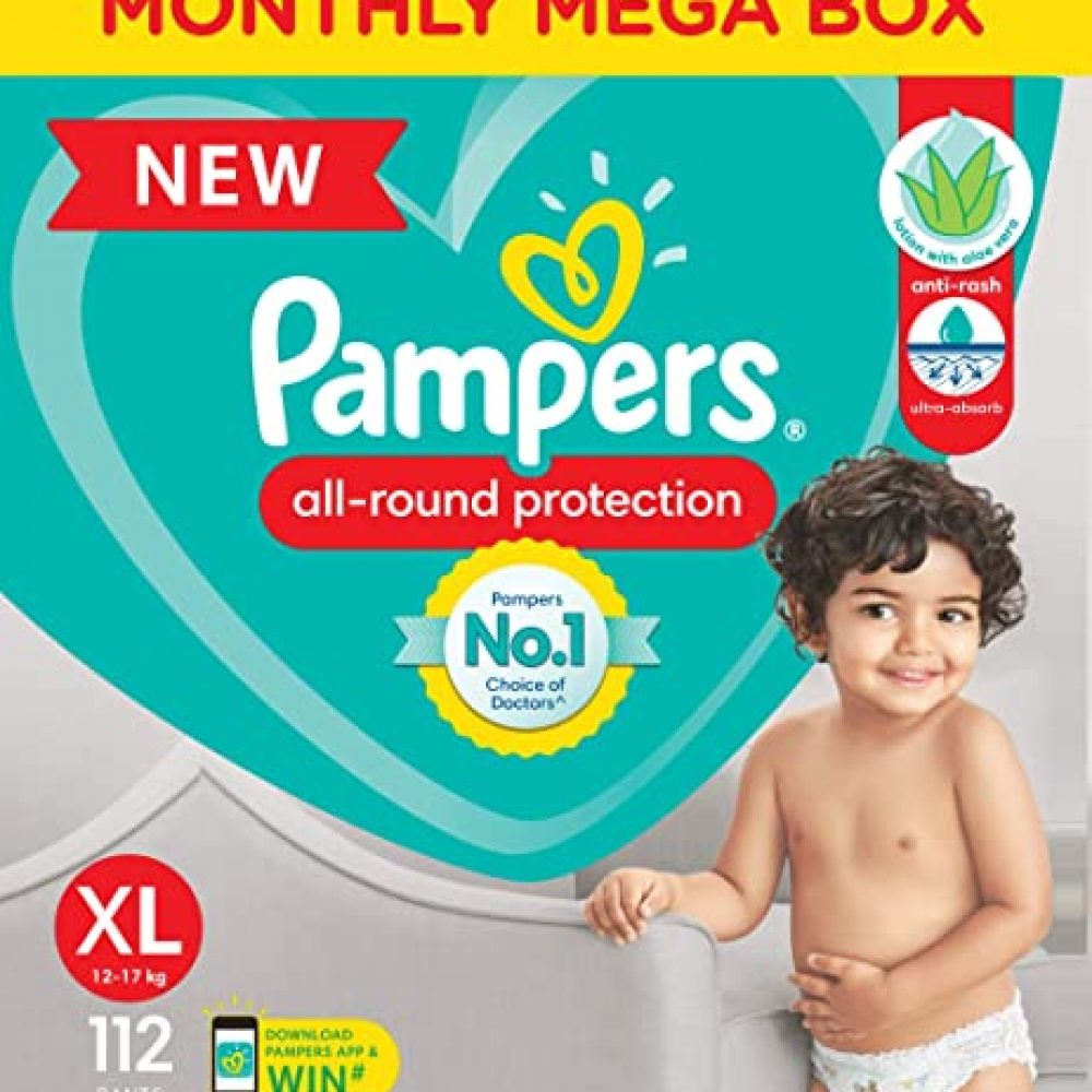 Pampers All round Protection Pants, Extra Large size baby diapers (XL), 112 Count, Anti Rash diapers, Lotion with Aloe Vera