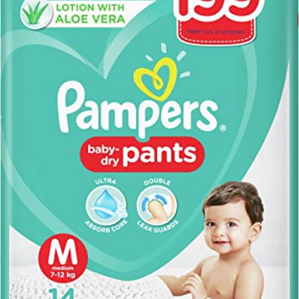 Pampers All round Protection Pants, Medium size baby diapers (MD), 14 Count, Anti Rash diapers, Lotion with Aloe Vera