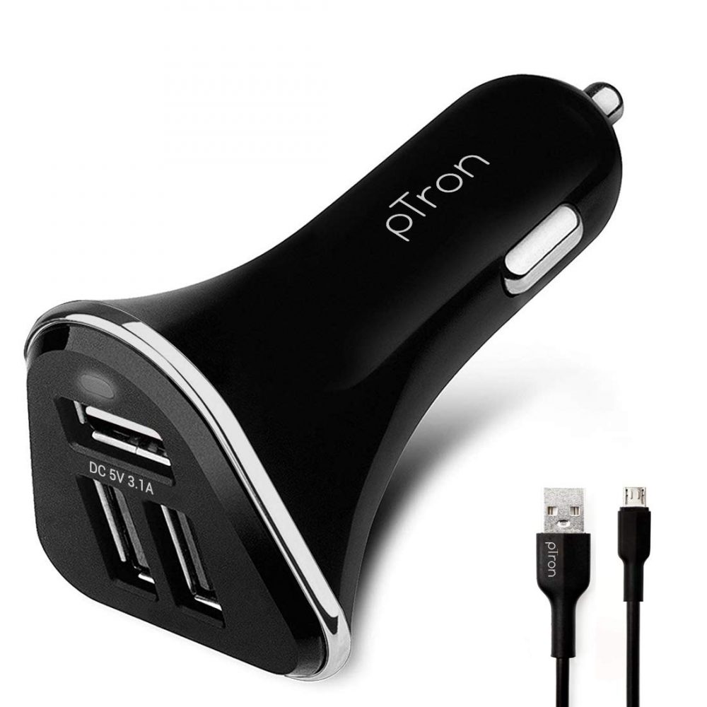 PTron Bullet 3.1A Fast Charging Car Charger, 3 USB Port, Fire Resistant, Lightweight, & Compact Car Charger for All Mobiles with Micro USB Cable (Black)