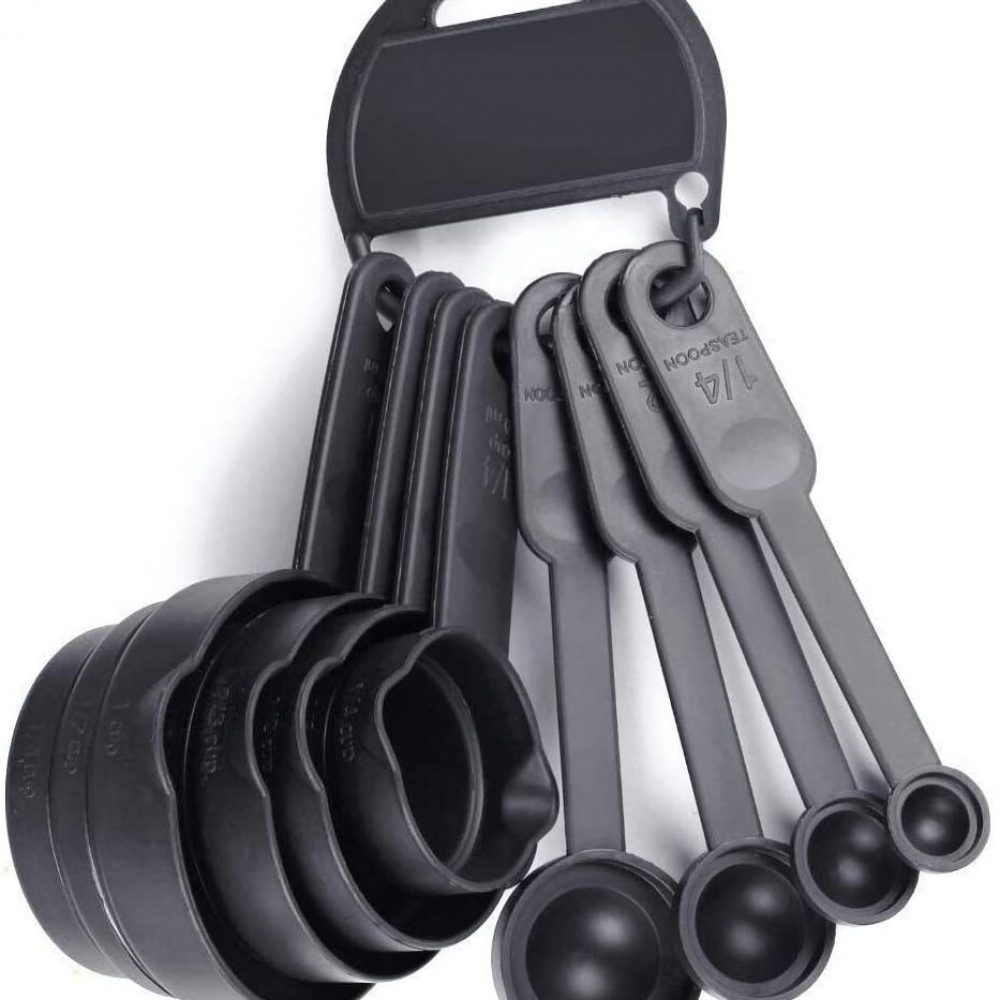 VR Smart Plastic Measuring Spoon and Cup Set, 8-Pieces (Black, Pack of 1)